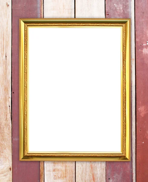 Moldura dourada no fundo da parede de madeira — Fotografia de Stock