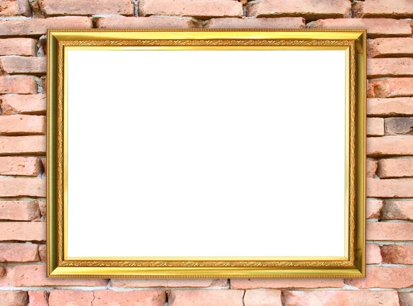 Golden frame on brick stone wall background — Stock Photo, Image