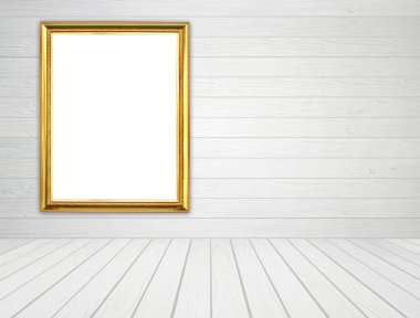 Altın Çerçeve Beyaz ahşap duvar ve ahşap zemin backgro oda içinde