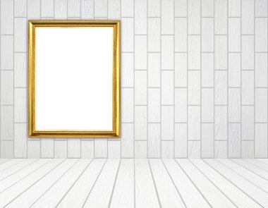 Beyaz ahşap duvar (blok tarzı) Oda boş altın çerçeve bir