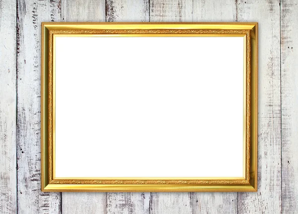 Golden frame on wood wall background — Stock Photo, Image
