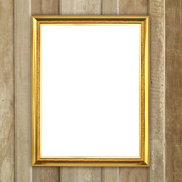 Golden frame on wood wall background — Stock Photo, Image