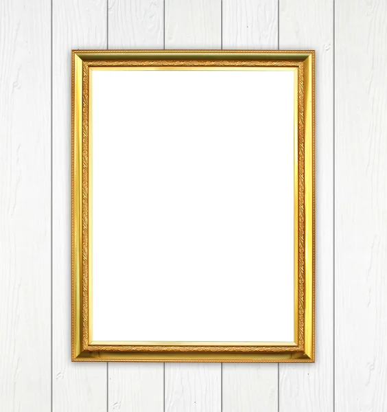 Golden frame on wood wall background — Stock Photo, Image