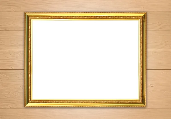 Golden frame on wood wall background — Stock Photo, Image