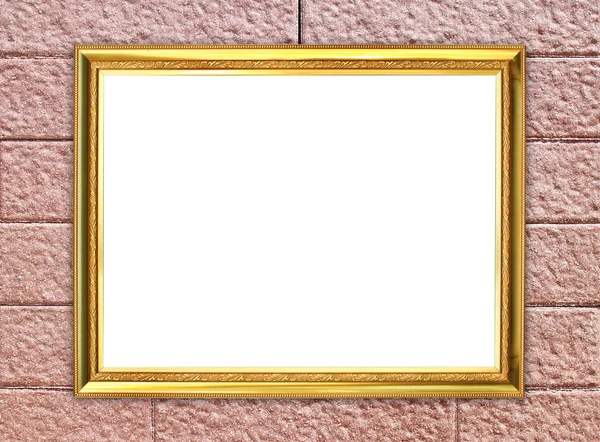 Golden frame on brick stone wall background — Stock Photo, Image