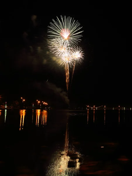 Belos fogos de artifício sobre o céu à noite — Fotografia de Stock