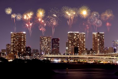 Odaiba, Tokyo cityscape geceleri üzerinde kutluyor havai fişek