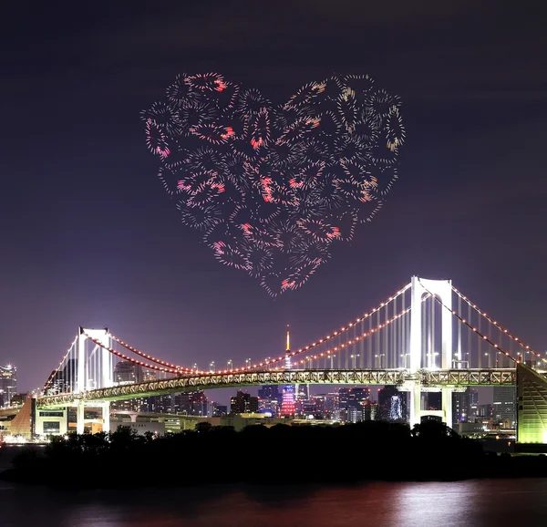 Heart sparkle Fireworks celebrating over Tokyo Rainbow Bridge at — Stock Photo, Image