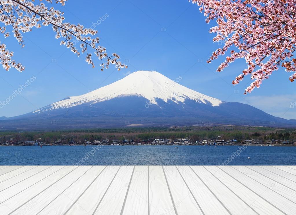 white wood terrace with Mt Fuji