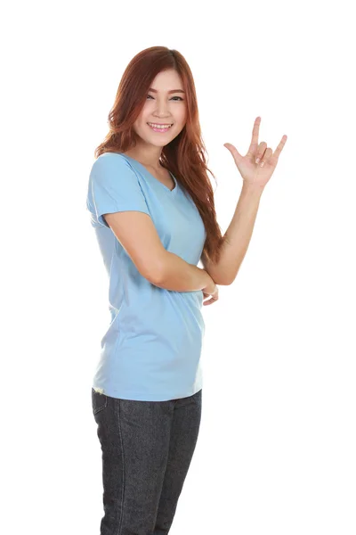 Woman in t-shirt with hand sign I love you — Stock Photo, Image