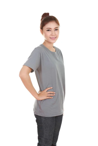 Młoda piękna kobieta z t-shirt (widok z boku) — Zdjęcie stockowe