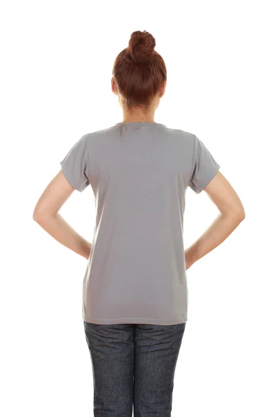 Kadın, boş t-shirt (arka yüzüne) — Stok fotoğraf