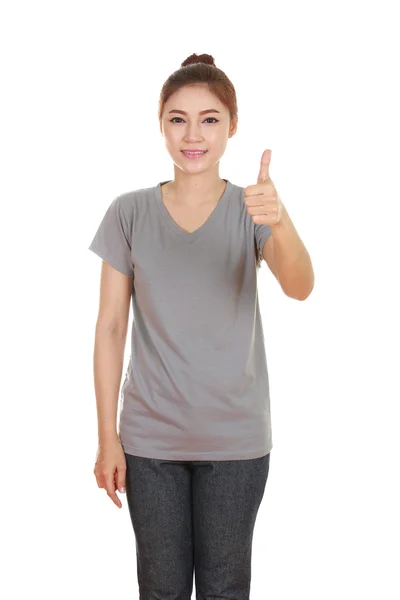 Mujer en camiseta en blanco con pulgares arriba —  Fotos de Stock