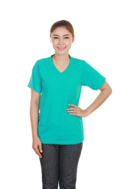 genç güzel kadın, boş t-shirt 