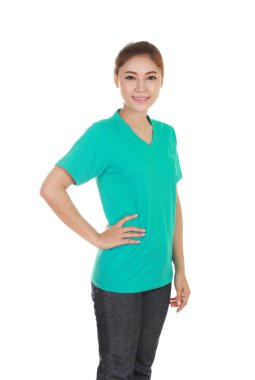 genç güzel kadın, t-shirt (yan görünüm)