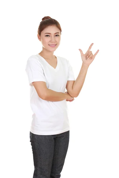 Woman in t-shirt with hand sign I love you — Stock Photo, Image