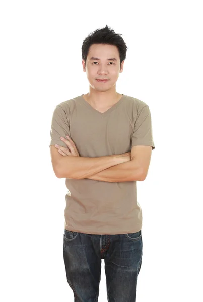 Man with arms crossed, wearing t-shirt — Stock Photo, Image