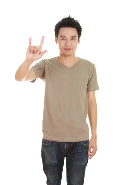 Hombre en camiseta con signo de mano te amo —  Fotos de Stock