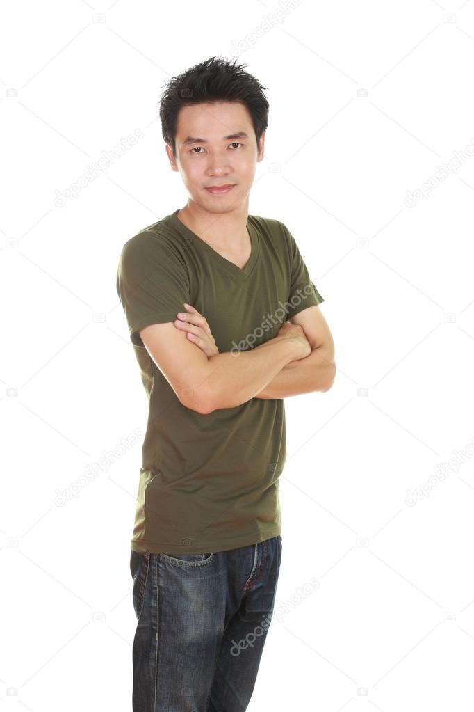 man with arms crossed, wearing t-shirt