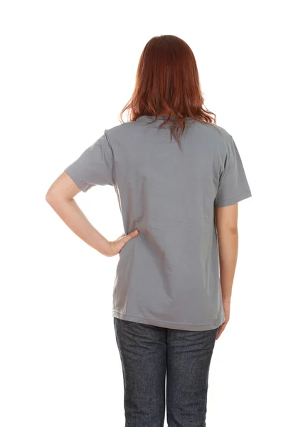 Vrouw met lege t-shirt (achterzijde) — Stockfoto