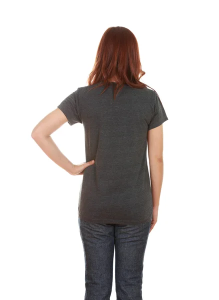 Vrouw met lege t-shirt (achterzijde) — Stockfoto