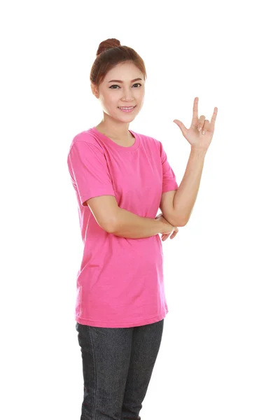 Woman in t-shirt with hand sign I love you — Stock Photo, Image