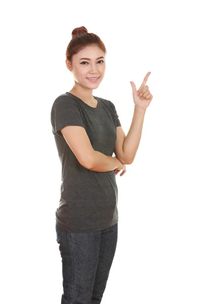 Mujer piensa en la idea con camiseta — Foto de Stock