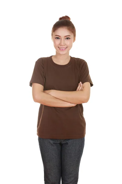 Woman with arms crossed, wearing t-shirt — Stock Photo, Image