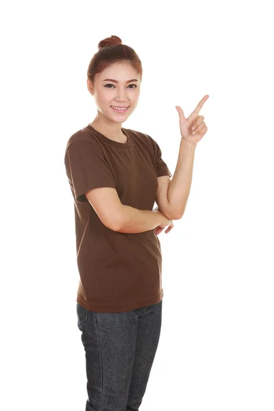 Mujer piensa en la idea con camiseta —  Fotos de Stock