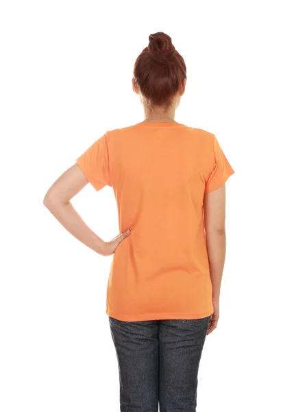 Kvinna med Tom t-shirt (baksida) — Stockfoto