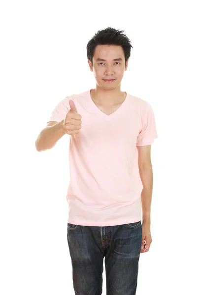 Başparmak yukarıya ile boş t-shirt erkekte — Stok fotoğraf