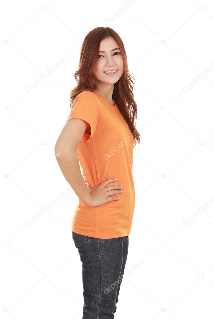 young beautiful female with t-shirt (side view)