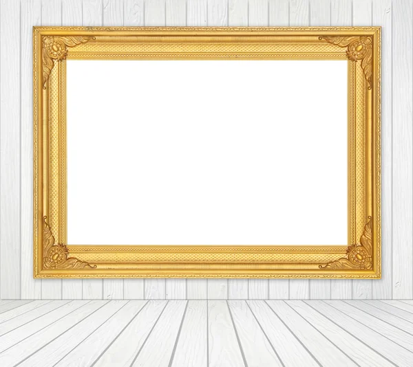 Quadro em branco no quarto com parede de madeira branca e backgrou chão de madeira — Fotografia de Stock