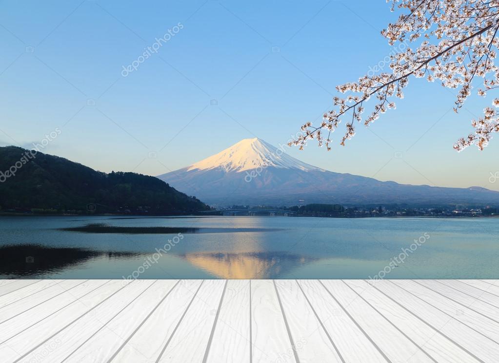 white wood terrace with Mt Fuji
