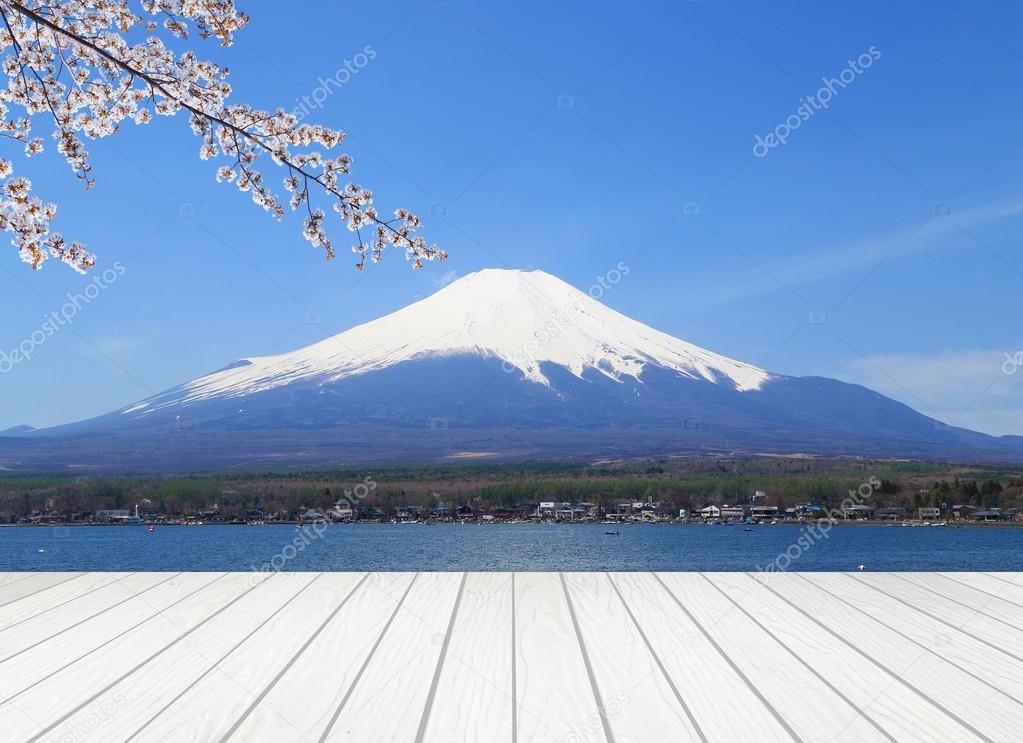 white wood terrace with Mt Fuji