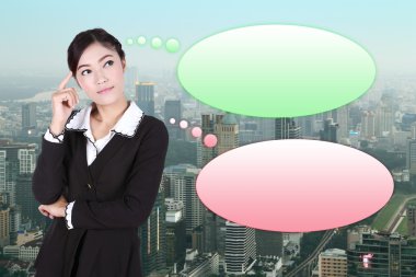 Thinking business woman with many ideas in empty bubble with cit clipart