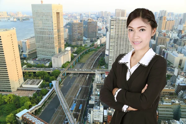 Business woman , crossed arms, with city
