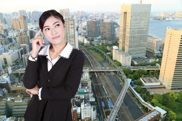 Business woman thinking with city — Stock Photo, Image