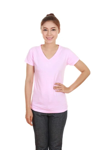 Young beautiful female with blank t-shirt — Stock Photo, Image