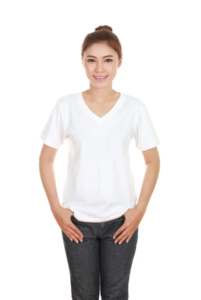 Young beautiful female with blank t-shirt — Stock Photo, Image