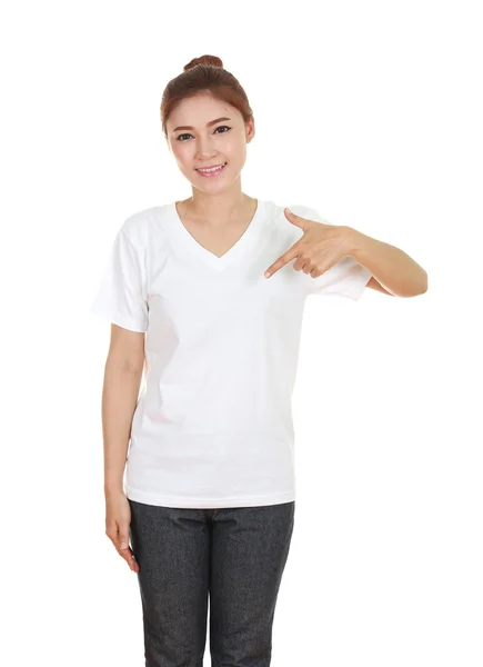 Young beautiful female with blank t-shirt — Stock Photo, Image