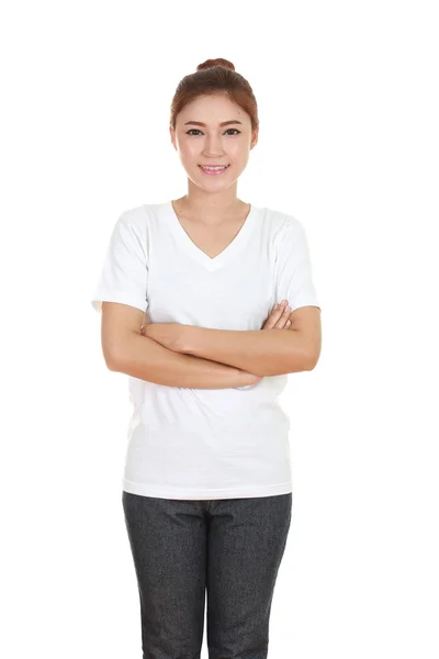 Woman with arms crossed, wearing t-shirt — Stock Photo, Image