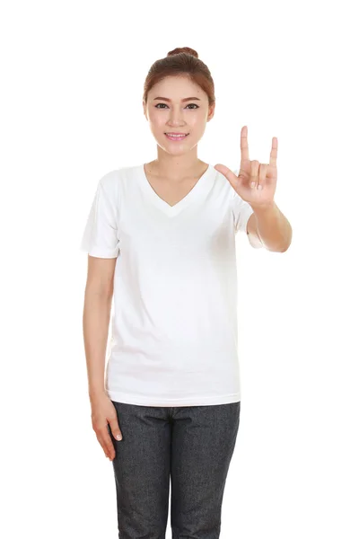 Woman in t-shirt with hand sign I love you — Stock Photo, Image