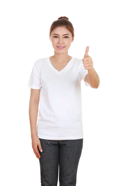 Mujer en camiseta en blanco con pulgares arriba —  Fotos de Stock