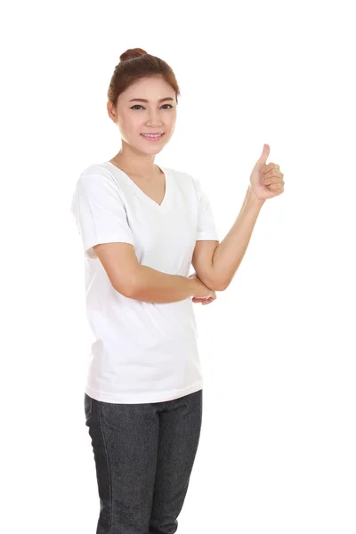 Vrouw in lege t-shirt met Duimschroef opwaarts — Stockfoto