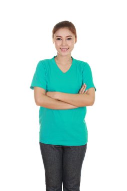 çarpı işareti, kollu t-shirt giyen kadın