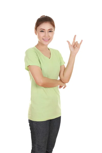 Woman in t-shirt with hand sign I love you — Stock Photo, Image