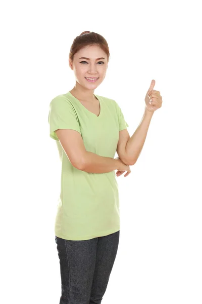 Mujer en camiseta en blanco con pulgares arriba —  Fotos de Stock