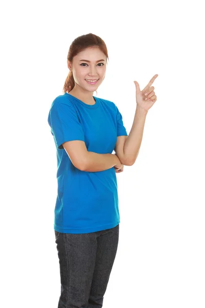 Woman think of idea with t-shirt — Stock Photo, Image