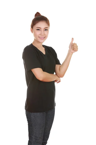 Vrouw in lege t-shirt met Duimschroef opwaarts — Stockfoto